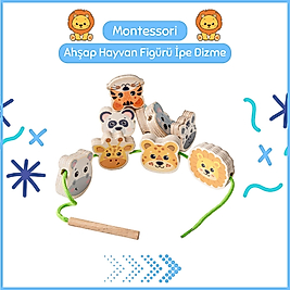 Montessori Ahşap Hayvan Figürleri İpe Dizme Oyunu
