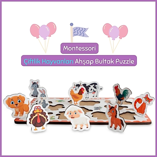 Montessori Çiftlik Hayvanları Ahşap Bultak Puzzle Seti