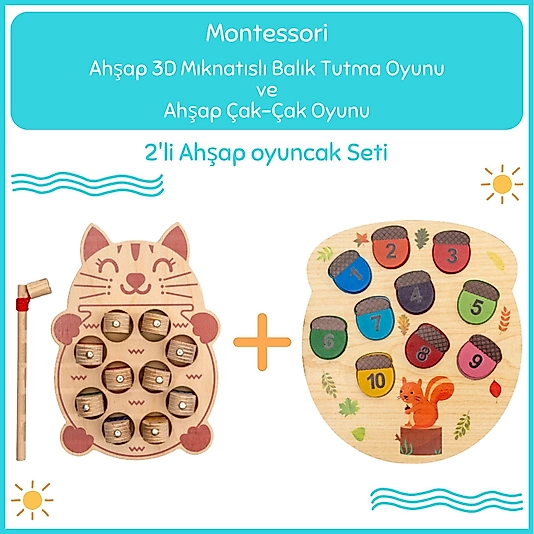 Montessori 3 Boyutlu Ahşap  Balık Tutma Oyunu + Montessori Ahşap Sincap Rakamları Öğreniyorum