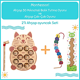 Montessori 3 Boyutlu Ahşap  Balık Tutma Oyunu + Montessori Ahşap Tırtıl İpe Dizme Oyunu