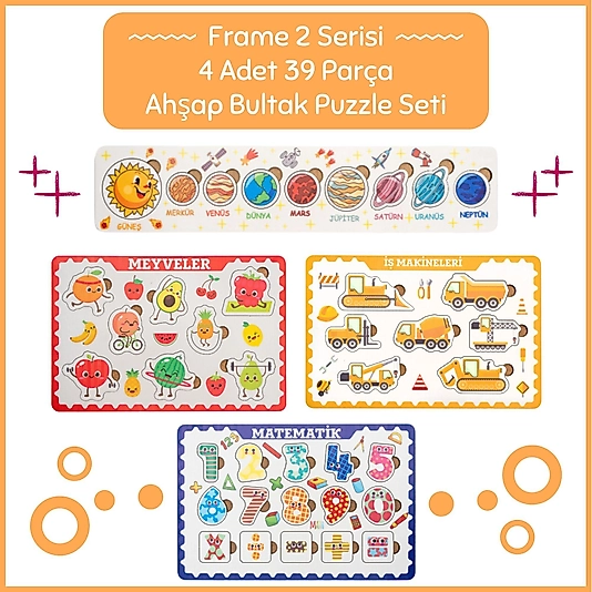 Hopiers Montessori Frame 2 Bultak Ahşap Puzzle Seti / Eğitici ve Zeka Geliştirici Oyuncak