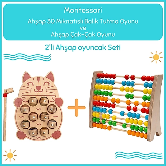 Montessori 3 Boyutlu Ahşap  Balık Tutma Oyunu + Montessori Renkli Ahşap Abaküs