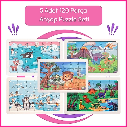 Hopiers Montessori 120 Parça Ahşap Puzzle Seti / Çocuklar İçin Eğitici ve Eğlenceli Oyuncak / 5 Set Bir Arada