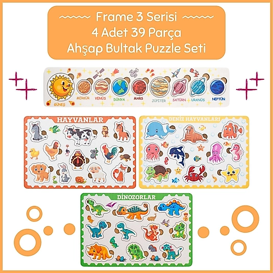 Hopiers Montessori Frame 3 Bultak Ahşap Puzzle Seti / Eğitici ve Zeka Geliştirici Oyuncak
