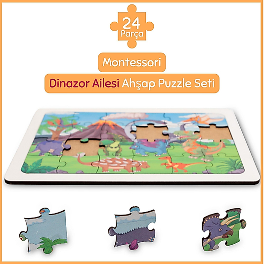 Montessori Dinazor Ailesi 24 Parça Ahşap Puzzle Seti